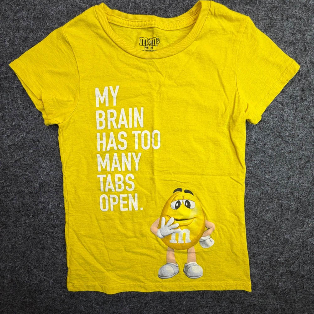 M&M's Graphic T-Shirt Kids Size 7/8 M Yellow My Brain Has Too Many Tabs Open